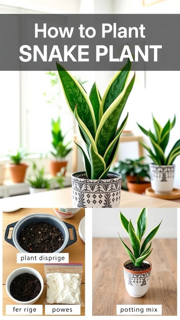 Step-by-step guide on planting a snake plant, showing potting supplies and the plant in a decorative pot.