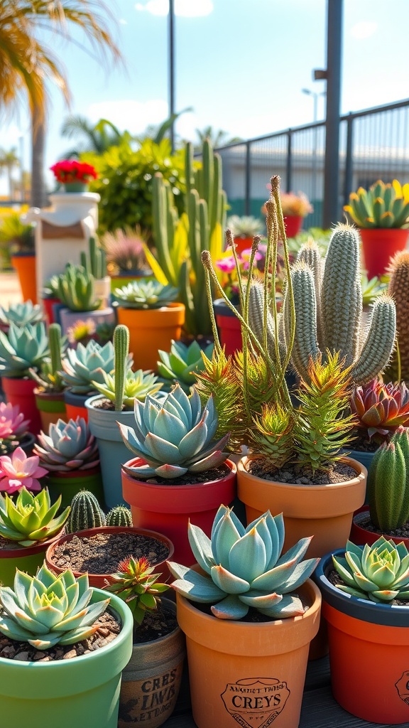 A colorful assortment of succulents in various pots, showcasing different types of plants and their vibrant colors.