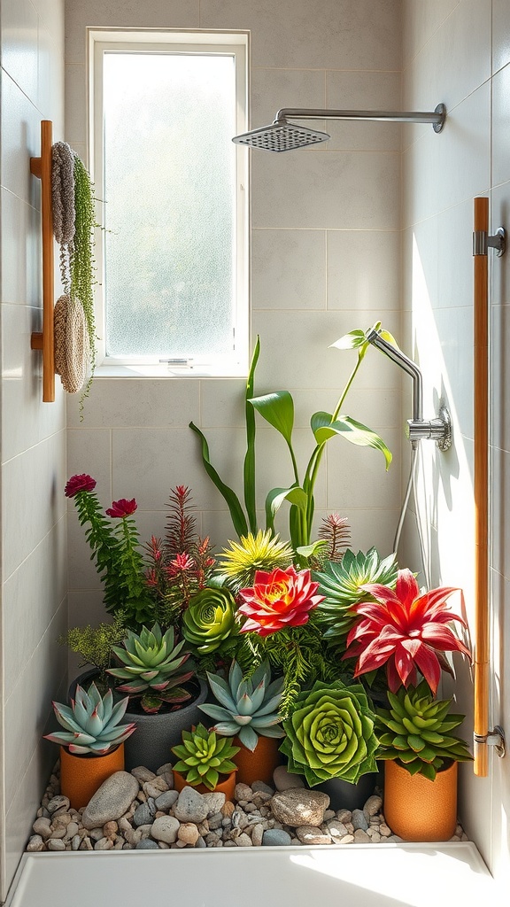 Vibrant succulents and plants arranged in a bathroom shower, showcasing a colorful and lively decor.