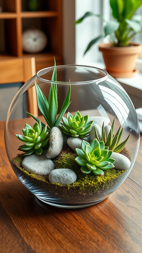 A glass bowl terrarium filled with succulents, pebbles, and moss on a wooden table.