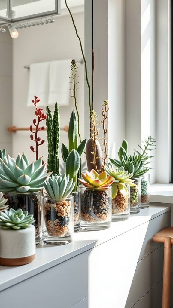 A collection of succulents in glass containers on a bathroom windowsill, showcasing different shapes and colors.