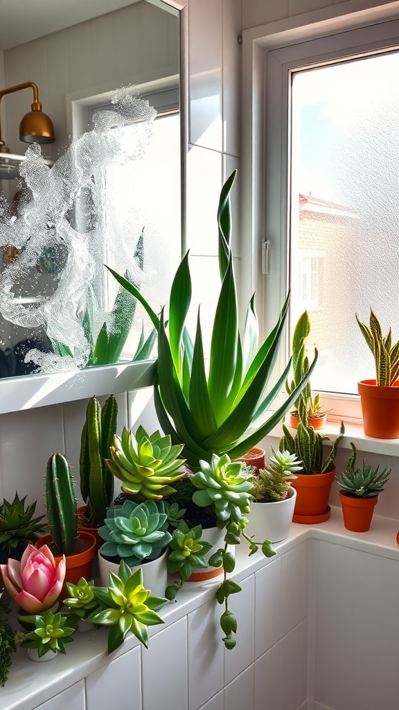 A vibrant display of succulents in various pots by a bathroom window, showcasing green plants in a humid environment.