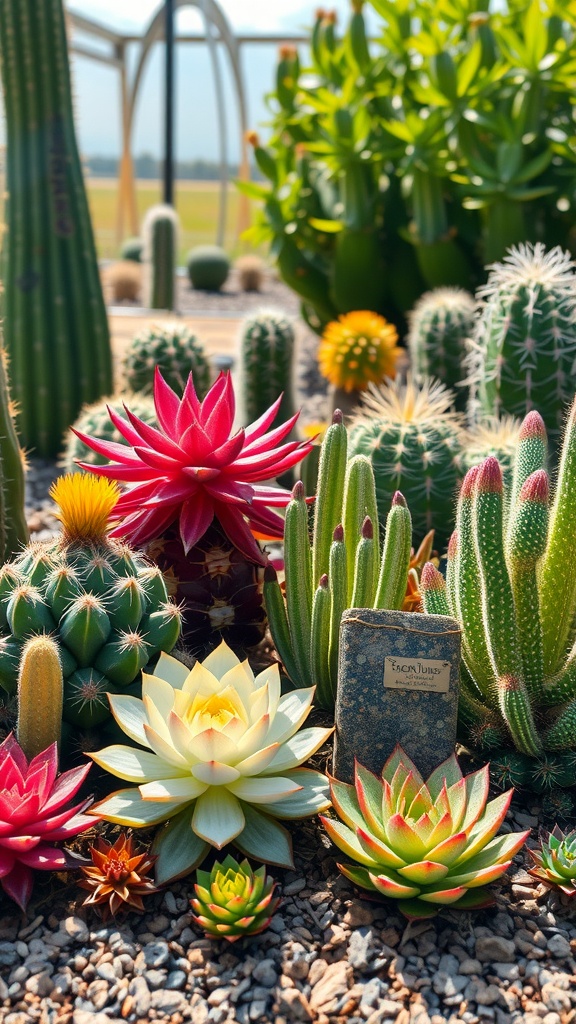 A colorful arrangement of succulents and cacti showcasing their unique shapes and textures.