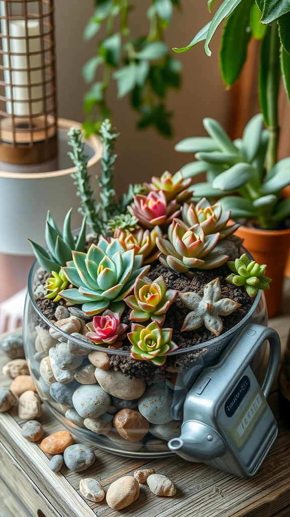 Beautiful succulent terrarium with colorful plants and pebbles in a glass container.