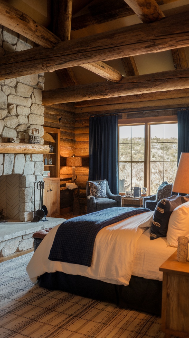 A rustic western bedroom featuring navy blue accents, wooden beams, and a stone fireplace.