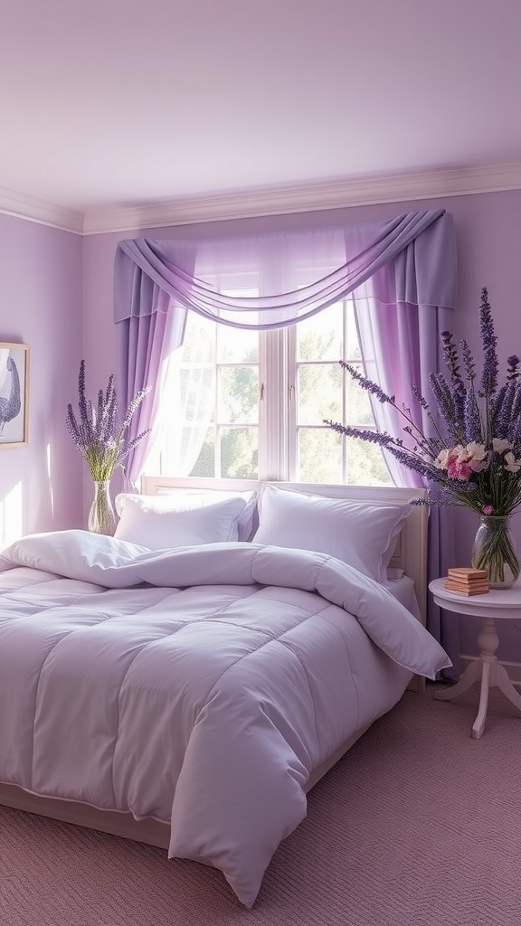 A cozy lavender guest bedroom featuring a lavender comforter, soft curtains, and fresh lavender flowers.