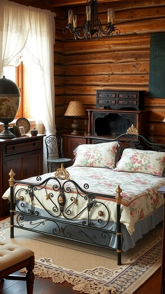 A cozy antique vintage bedroom featuring a decorative iron bed, floral bedding, and rustic wooden walls.