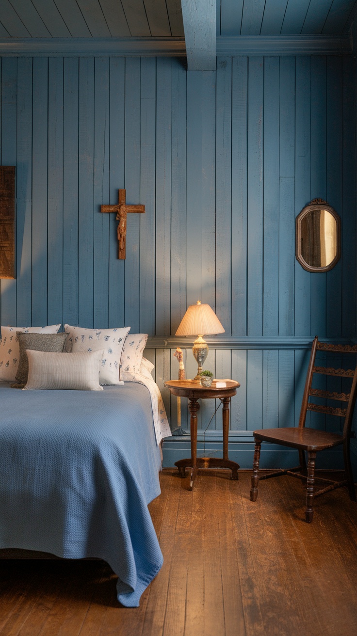 A cozy rustic bedroom featuring colonial blue walls, wooden accents, and inviting bedding.