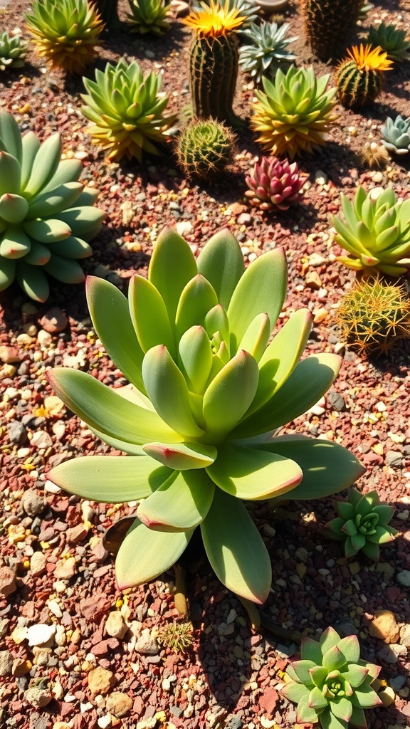 A variety of succulents with the Spekboom prominently displaying its vibrant green leaves among other plants.