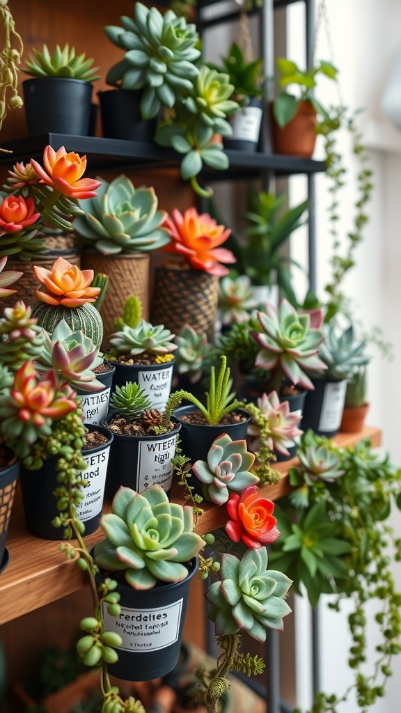 A colorful display of various indoor succulents in pots on a wooden shelf.