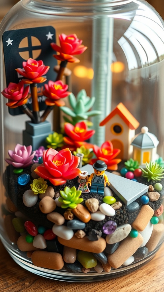 A themed terrarium featuring Lego figures, colorful flowers, and miniature structures.