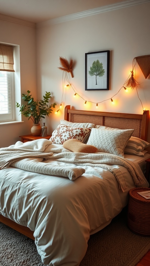 A cozy bedroom with soft bedding, warm lighting, and natural decor.