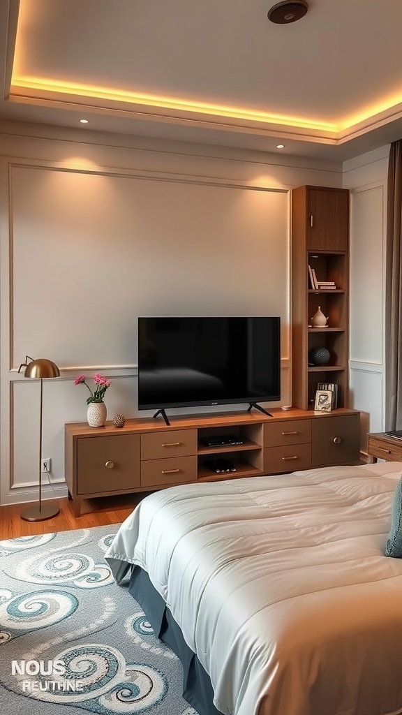 Stylish guest bedroom featuring a TV unit, warm lighting, and decorative elements.