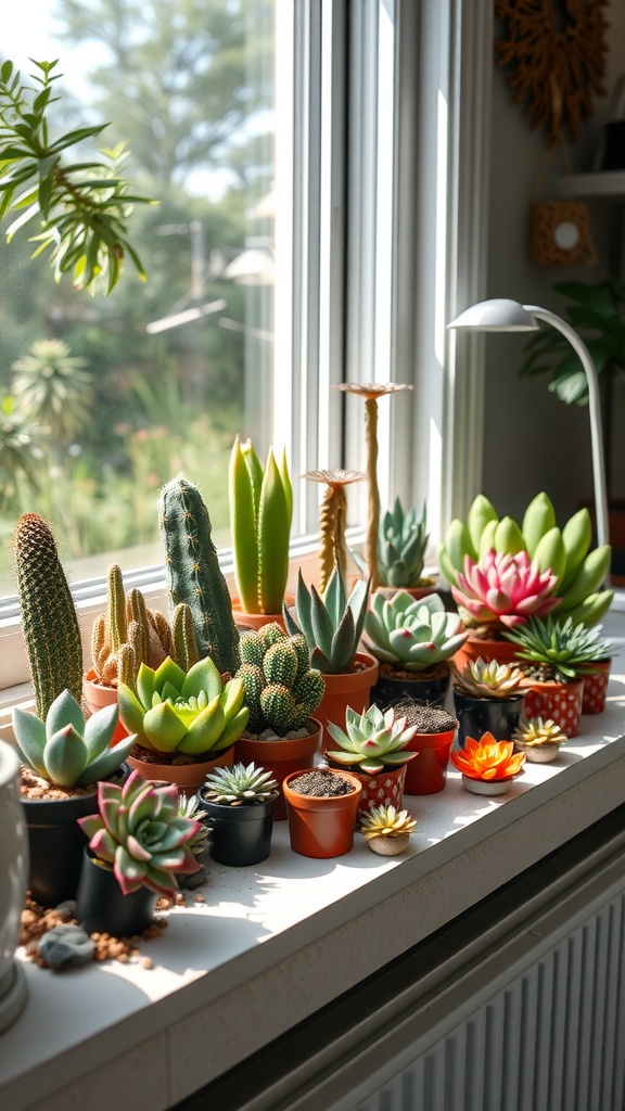 A variety of succulent plants arranged on a windowsill, showcasing colorful pots and differing plant shapes and sizes.