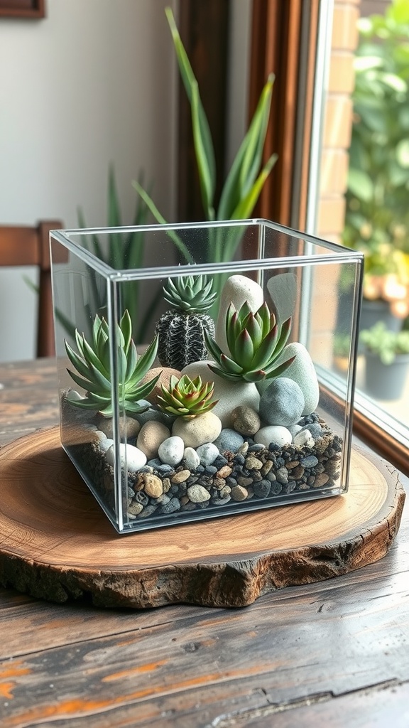 A square terrarium featuring various succulent plants, pebbles, and stones, displayed on a wooden slab.