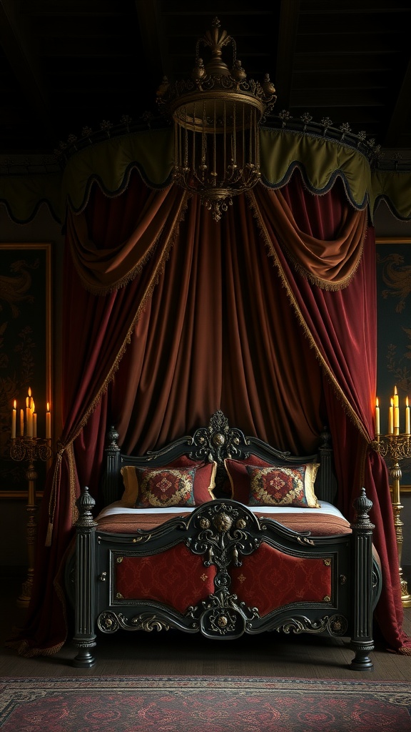 A luxurious canopy bed with rich red and gold fabrics, featuring an ornate frame and decorative pillows.