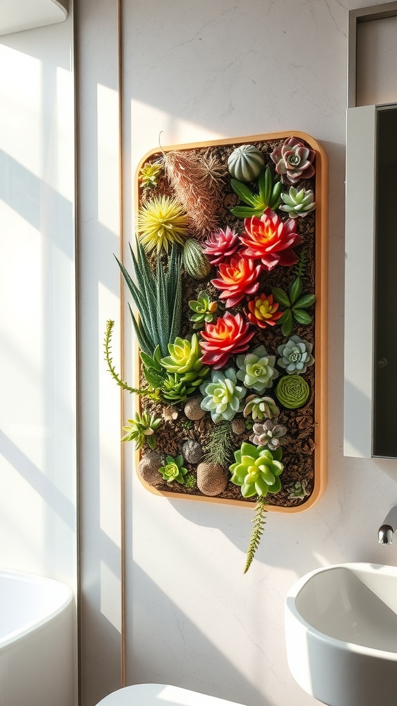 Colorful wall terrarium with various succulents in a bright bathroom