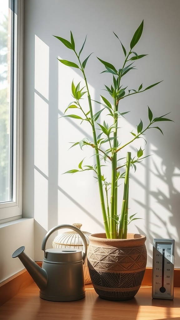 A bamboo plant in a decorative pot by a sunny window, with a watering can beside it.