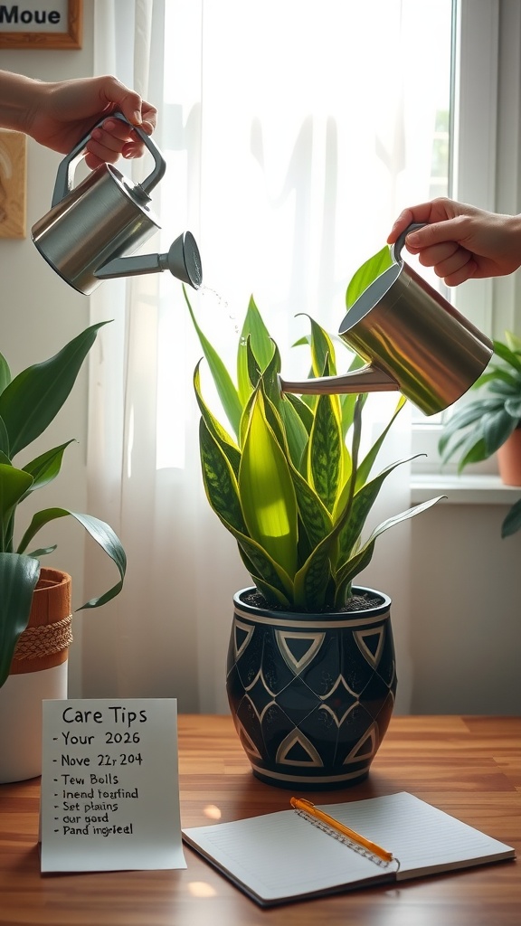 Two hands watering a Snake Plant with watering cans, showcasing tips for indoor plant care