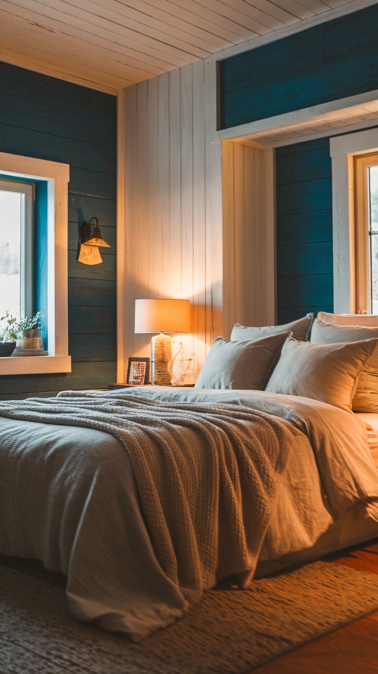 A cozy rustic blue bedroom with a white wood accent wall, featuring soft bedding and warm lighting.