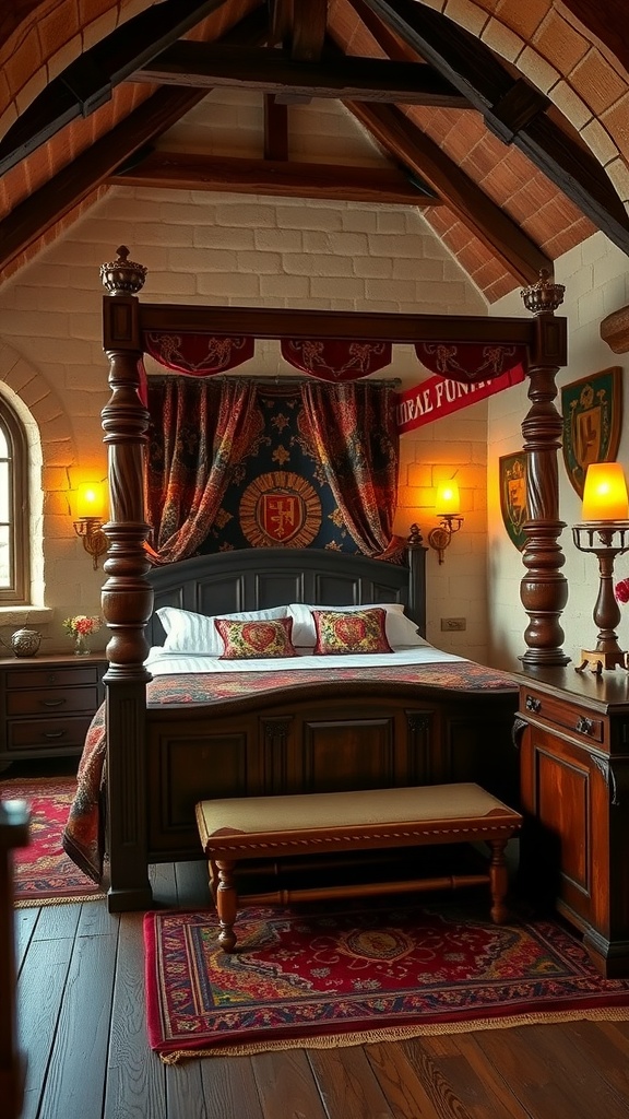 A medieval themed bedroom with a four-poster bed, decorative drapes, and elegant wooden furniture.