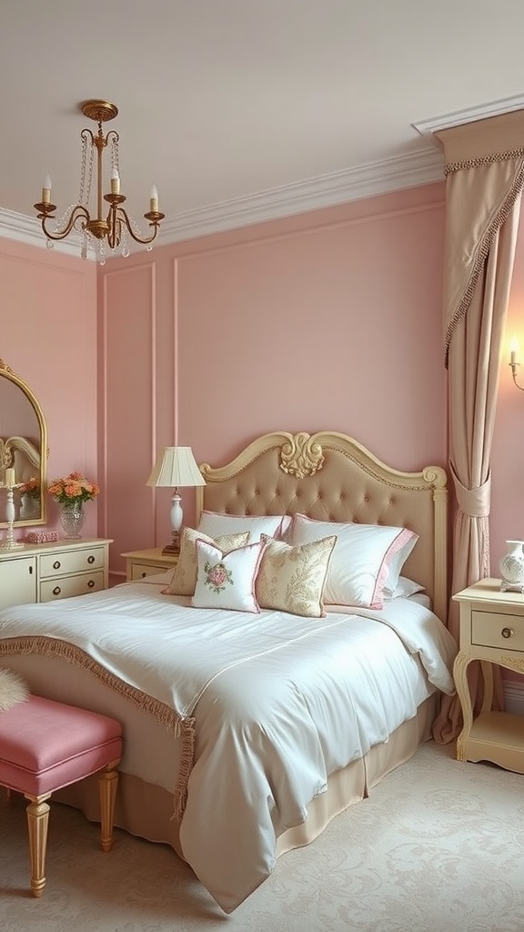 A beautifully decorated pink guest bedroom featuring a cozy bed, elegant furniture, and soft lighting.