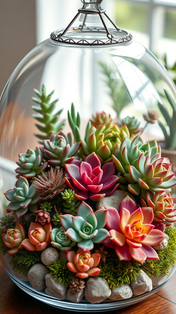 A beautifully arranged succulent terrarium featuring various types and colors of succulents.