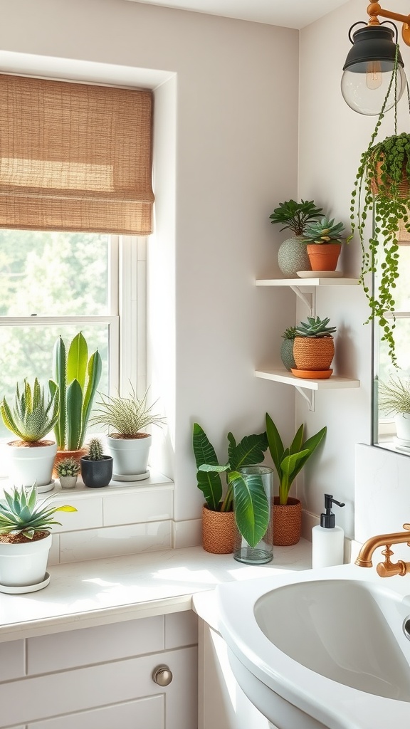 A bright bathroom featuring a variety of succulents placed on windowsills and shelves, enhancing the decor with greenery.